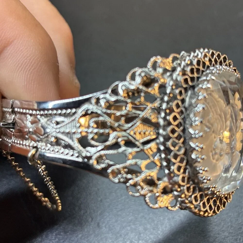 Whiting & Davis filigree Intaglio crystal glass cameo bracelet silhouette